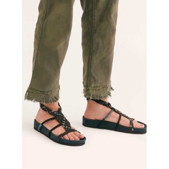 Free People Denali Woven Leather Braided Ankle Wrap Sandal Size 39 Black & Green - Picture 16 of 16